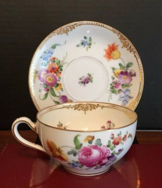 Antique Dresden Hand Painted Cup & Saucer Different Flowers Set C
