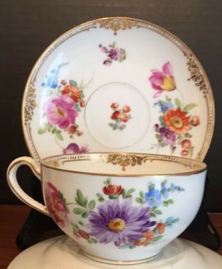 Antique Dresden Hand Painted Cup & Saucer Different Flowers Set B