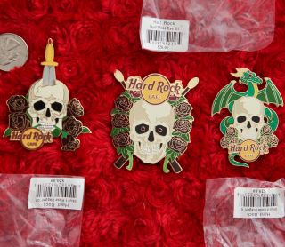 3 Hard Rock Cafe Pins Set Online Xl Rose Skull Sword Dragon Gem Stone Motion