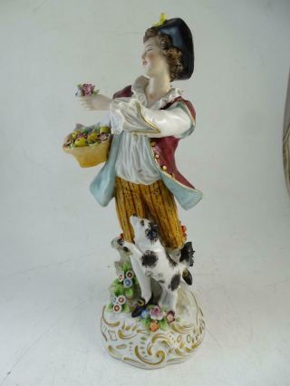 Antique Porcelain Figurine Statue Sitzendorf Dresden Germany Dog Flower Man Vtg