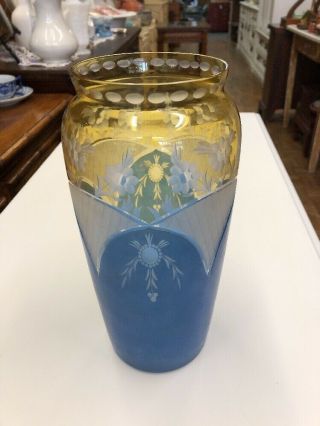 Vintage Antique Czech Cut To Clear Bohemian Blue And Yellow Glass Vase