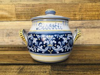 Cama Deruta Ricco Pottery Biscotti Jar With Lid & Handles Italy Vintage