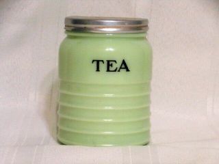 Vintage Jadeite Jeannette Tea Canister Green Glass Ribbed.