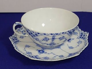 Royal Copenhagen Blue Fluted Full Lace Flat Cup With Saucer 1130 Denmark