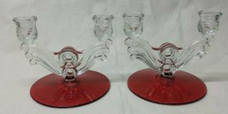 Indiana Tiffin Kings Crown Ruby Cranberry Flashed Glass 2 Lite Candleholders