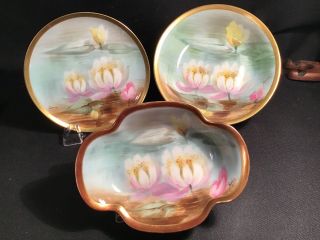 Set Of (3) Rare Hand Painted Guerin Coronet Limoges Water Lillies