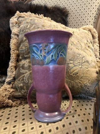 Arts And Crafts Era Double Handled Pottery Vase Mulberry Color Fruit Design