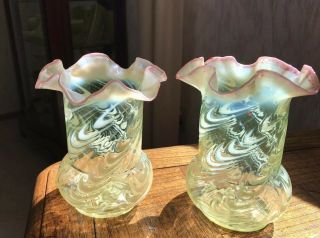 Two Northwood / Jefferson Vaseline Blown Twist Celery Vases With Cranberry Frit