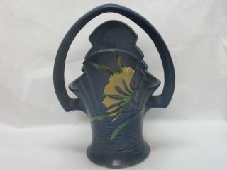 Vintage Roseville Pottery Freesia - Blue Handled Basket Vase Usa 392 - 10