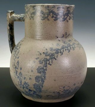 Antique 19th C.  American Blue Spatterware Stoneware Salt Glazed Pottery Pitcher