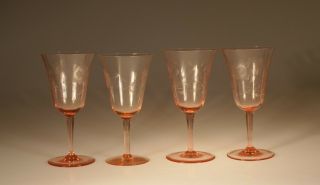 Set 4 Vintage Deco Pink Wine Glasses Water Goblets Floral Cuttings C.  1930