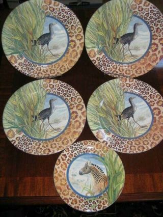 Gien France Savane 4 Salad Plates & 1 Canape Plate - Wild Animals & Animal Prints