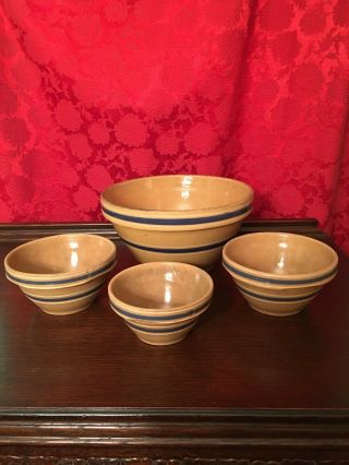 Vintage Yellow Ware Stoneware Mixing Bowls With Blue Stripe