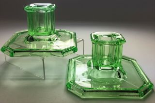 Vintage 1926 Tiffin Glass Reflex Green Uranium Glass Candle Holders Candlesticks 2