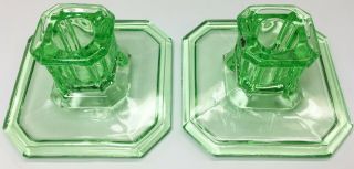 Vintage 1926 Tiffin Glass Reflex Green Uranium Glass Candle Holders Candlesticks 4