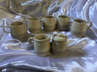 Vintage Mccoy Pottery Pink & Blue Striped 5 Mugs Cream & Sugar Bowl