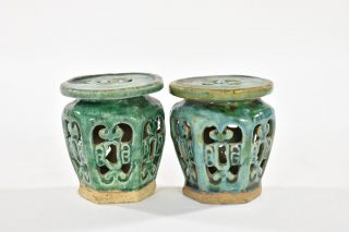 Pair Asian Chinese Green Ceramic / Pottery Garden Seat / Stand / Stool