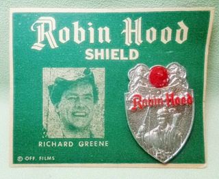 Robin Hood Richard Greene Metal Shield Pin With Plastic Jewel Carded Green 50 