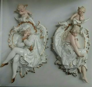 Antique Victorian ? German Porcelain Lady Man Cherubs Wall Plaque Pair Hangings