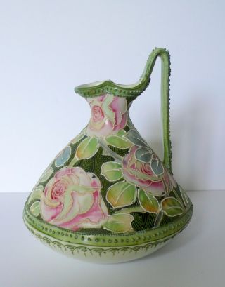 Antique Nippon Noritake Maple Leaf Moriage Roses Porcelain Ewer Vase