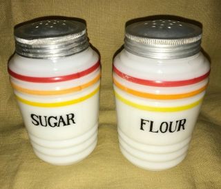 Rare Vintage Red Orange Yellow Stripe Hazel Atlas Shaker Sugar & Flour - Beehive