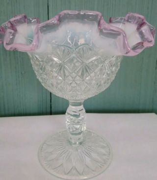 Fenton Compote Vase Diamond Cut Accented Pink Chiffon Ruffled Edged 9120 Yw