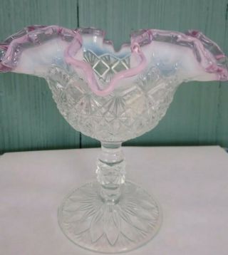 Fenton Compote Vase Diamond Cut Accented Pink Chiffon Ruffled Edged 9120 YW 2