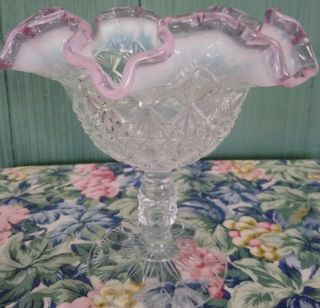 Fenton Compote Vase Diamond Cut Accented Pink Chiffon Ruffled Edged 9120 YW 3