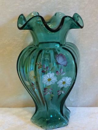 Fenton Art Glass Vase Hexagon Hex Base Signed Dated Numbered Green Floral