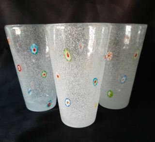 3 Vintage Murano Art Glass Millefiori Mottled Bubble Tumbler Tall 12 Ounce 3set