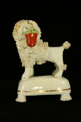 Antique Victorian Staffordshire Pottery 3½ " Standing Poodle W Flower Pot