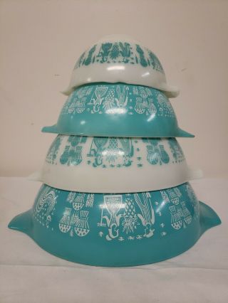 Pyrex Amish Butterprint Turquoise Nesting Cinderella Mixing Bowls 4 Piece Set
