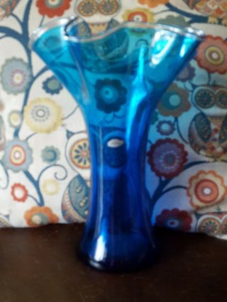 Vintage Blenko Signed Vase Mid Century Modern Hand Blown Blue Art Glass 13 "