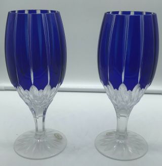Pair Ajka Castille Cobalt Blue Crystal Cased Cut To Clear Wine Glasses Hungary