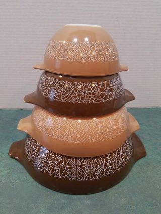 Vintage Pyrex Mixing Bowls Set 4 Nesting Woodland Pattern Cinderella Brown/mocha