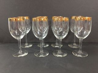 Set Of 8 Vintage Mid Century Gold Rim Band Wine Glasses Stemware Goblets