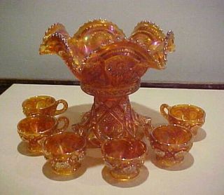 Vintage Imperial Carnival Glass Punch Bowl Set W/ 6 Cups.  All Not Signed