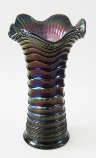 Vintage Purple Imperial Carnival Art Glass Vase Ripple Dark Electric Iridescent