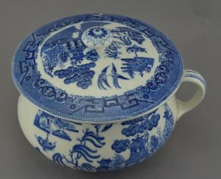 Antique Earthenware Blue Willow Chamber Pot with Lid By Ridgways 2