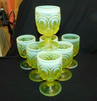 Antique Paden City,  " Moon & Star " Vaseline Glass,  Set Of 7 Water Goblets,  Ex