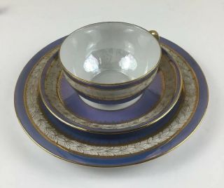 Set 6 Vintage Noritake Blue & Gold Trio Cup Saucer & Dessert Plate Hand Painted