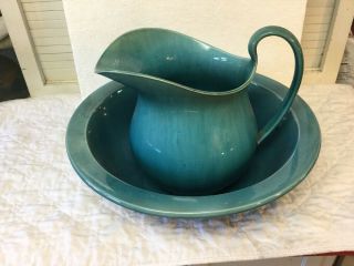 Large Antique Wedgwood England Teal Blue Green Wash Bowl & Pitcher Commode Set