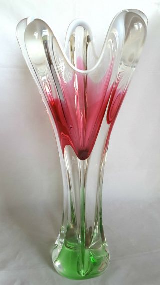 Chribska Josef Hospodka Czech Mid - Century Pink Green Clear Art Glass Vase 14.  25 "