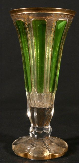 Antique Fine Quality Moser Bohemian Green & Gold Gilt Cut Glass Vase Circa 1900