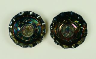 2 X Antique Australian Kingfisher Carnival Glass Nappy Bowls - Crown 4184