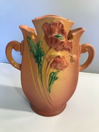 Vintage Roseville American Art Pottery Pink Poppy 870 - 8” Pillow Vase