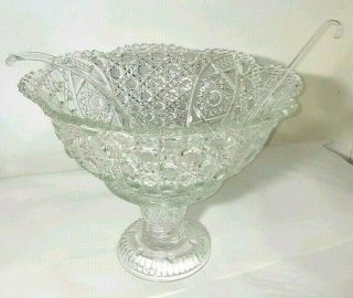 ✅vtg L.  E.  Smith Crystal Scalloped Daisy Hobstar&button Punch Bowl& Stand,  2 Ladles