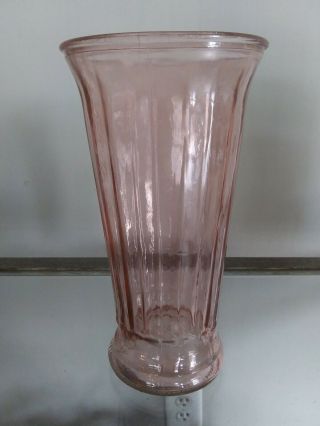 Rare Vintage Pink Depression Large Glass Vase Etched Ribbed