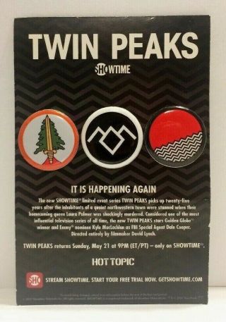 Twin Peaks The Return Showtime Hot Topic Excl.  Promo 3 Button Set David Lynch