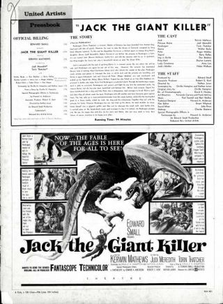 Jack The Giant Killer Pressbook,  Kerwin Mathews,  Judi Meredith,  Torin Thatcher
